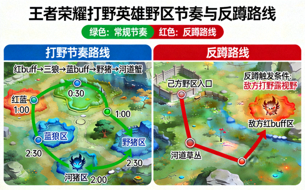 王者荣耀打野英雄野区节奏与反蹲路线示意图